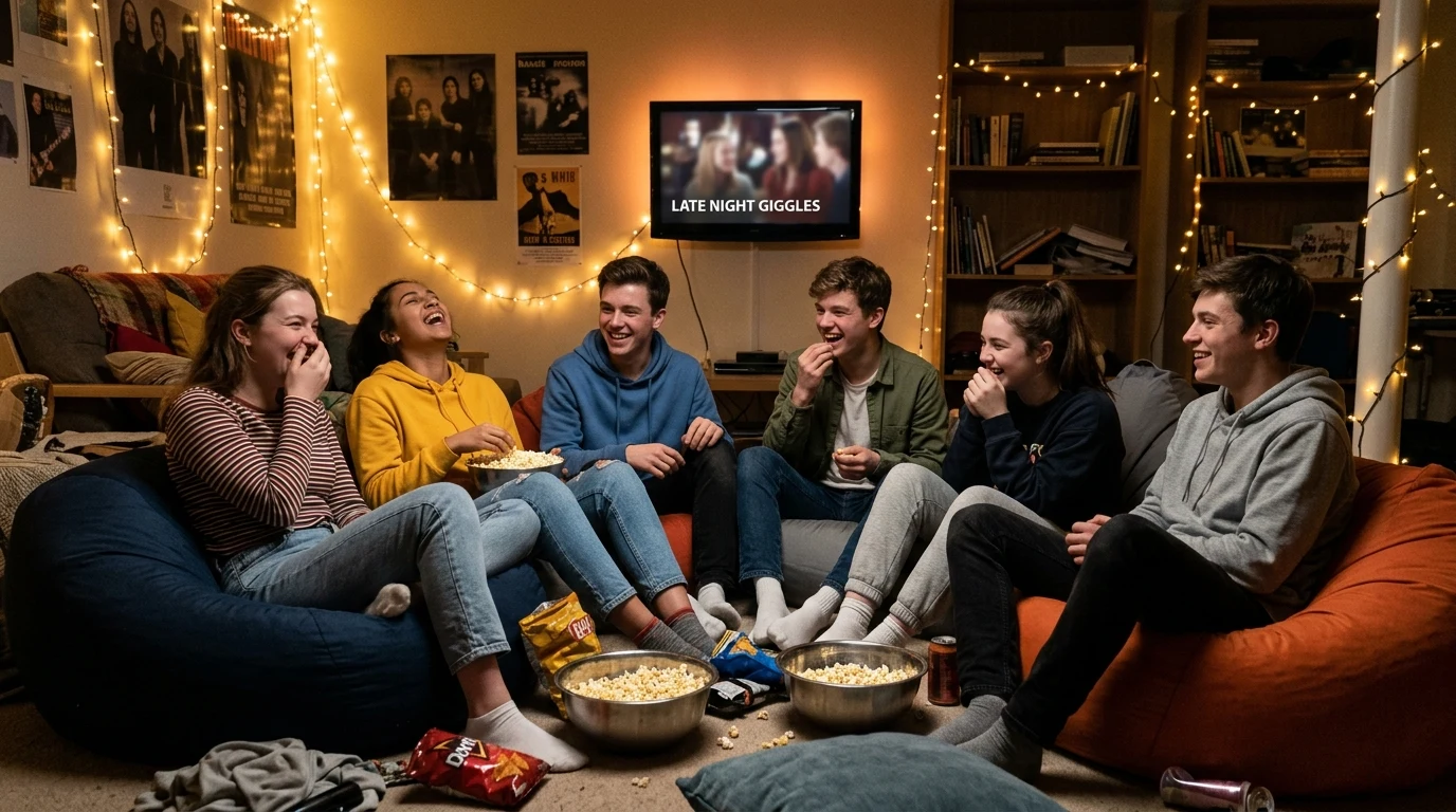 Pohodový filmový večer teenagerů plný zábavy a smíchu u filmů pro mládež
