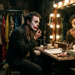 Joker postavy a herci: Legendární vývoj ikonického padoucha Gotham City 2 Herecká transformace a nanášení klaunského líčení Jokera před osvětleným zrcadlem