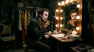 Joker postavy a herci: Legendární vývoj ikonického padoucha Gotham City 6 Herecká transformace a nanášení klaunského líčení Jokera před osvětleným zrcadlem