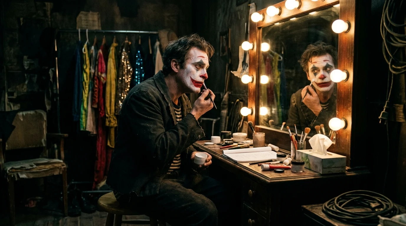 Joker postavy a herci: Legendární vývoj ikonického padoucha Gotham City 1 Herecká transformace a nanášení klaunského líčení Jokera před osvětleným zrcadlem