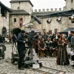 Hra o trůny herci: Kdo ztvárnil legendární postavy a kde hrají dnes? 4 Herci a filmový štáb na historickém hradním nádvoří při natáčení seriálu Hra o trůny
