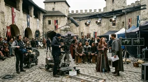 Hra o trůny herci: Kdo ztvárnil legendární postavy a kde hrají dnes? 6 Herci a filmový štáb na historickém hradním nádvoří při natáčení seriálu Hra o trůny