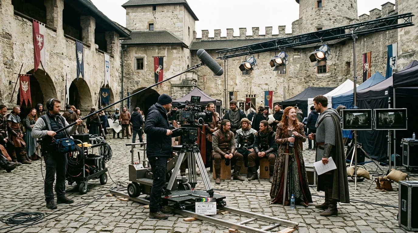 Hra o trůny herci: Kdo ztvárnil legendární postavy a kde hrají dnes? 1 Herci a filmový štáb na historickém hradním nádvoří při natáčení seriálu Hra o trůny